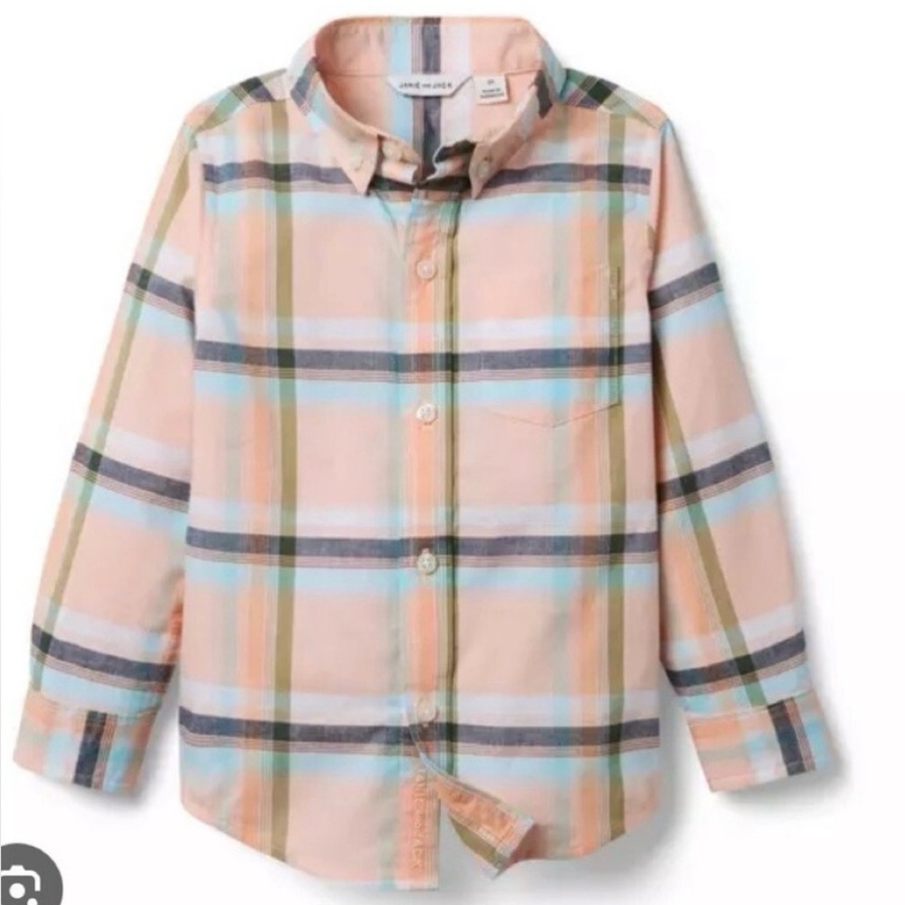 Janie and Jack Button-Down Kids Plaid Shirt - Peach Multi